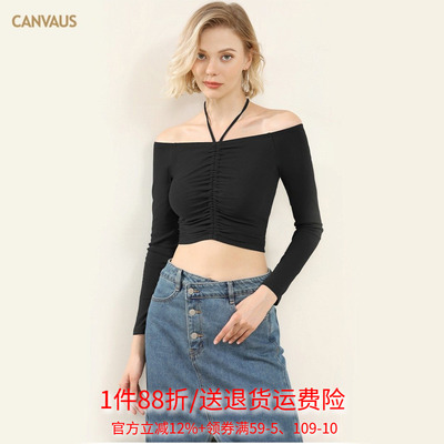 Outlets品牌折扣 CANVAUS秋装新款 挂脖一字肩抽褶系带打底衫女