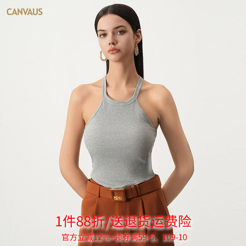CANVAUS夏装新款带胸垫露背修身抹胸弧形下摆无袖挂脖吊带背心女