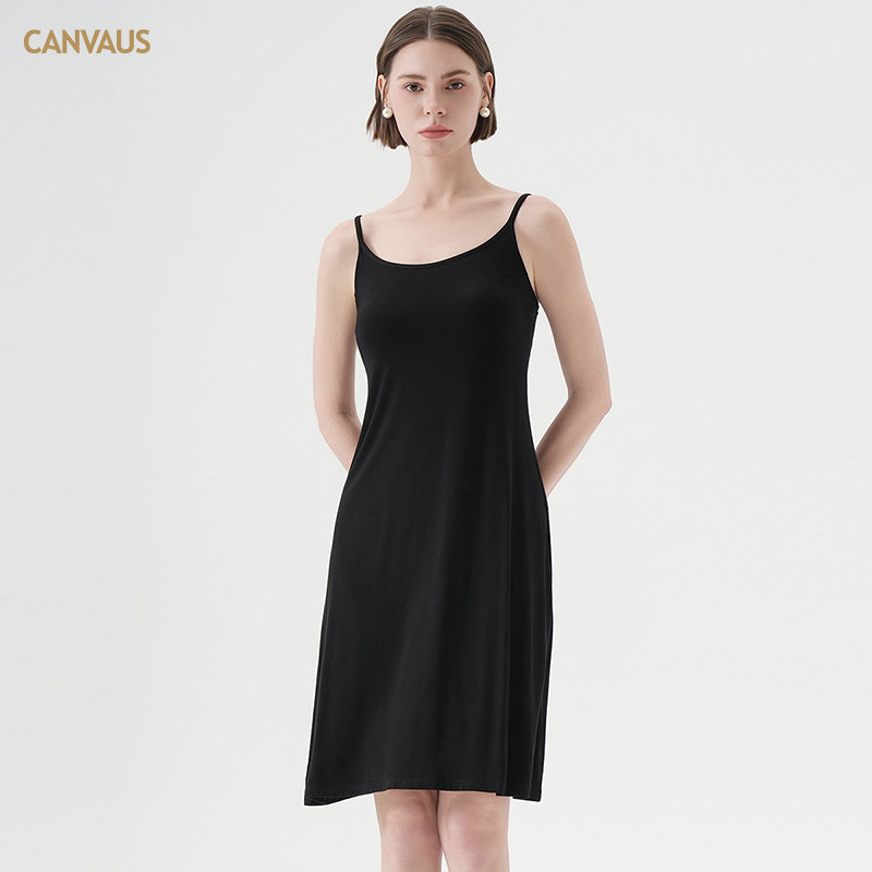 CANVAUS纯色露背带胸垫吊带连衣裙女夏圆领性感舒适亲肤居家睡裙
