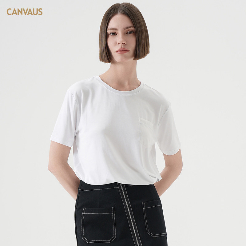 CANVAUS夏装专柜新款韩版莫代尔短袖纯色圆领简约休闲薄T恤女