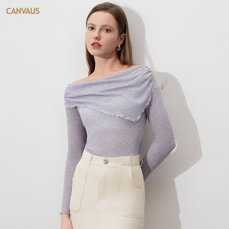 奥特莱斯品牌折扣 CANVAUS秋冬新款 薄款褶皱木耳边露肩打底衫女