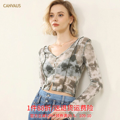 Outlets品牌折扣 CANVAUS秋装2025新款网纱V领水墨画扎染打底衫女