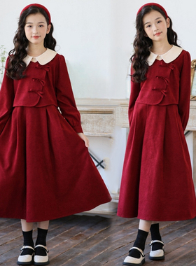 女童红色连衣裙秋冬复古长裙中大童冬裙中国风公主裙加绒儿童裙子