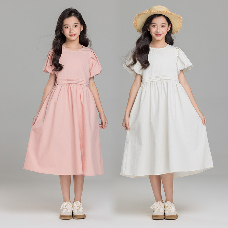 森系女童白色泡泡袖连衣裙夏装2025新款中大童长裙洋气儿童公主裙