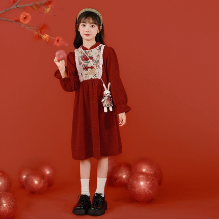 女童裙子秋冬款2024新款大童红色公主丝绒连衣裙儿童过年喜庆衣服