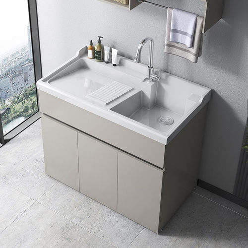 不锈钢阳台洗衣池台盆一体带搓衣板家用小户型人造石洗衣柜槽定制