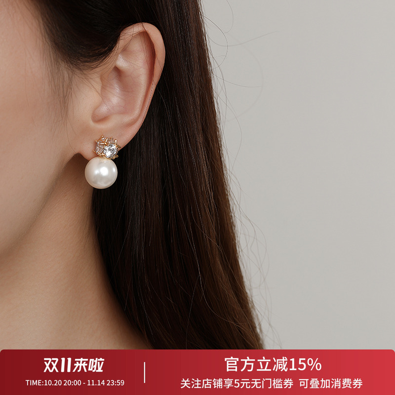 饰悟银饰法式高级锆石珍珠耳钉女