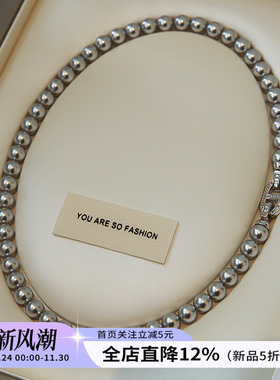 法式高级感正品施家真多麻灰色珍珠项链女轻奢小众灰珍珠颈链首饰