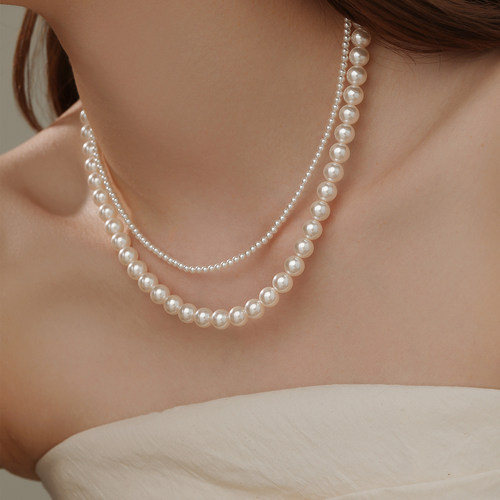饰悟施家正圆双层珍珠项链叠戴