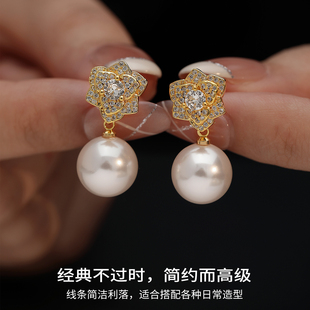 山茶花深海母贝珍珠耳钉耳坠金色珍珠耳饰女耳环2026新款高级感