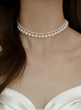法式双层叠戴珍珠项链颈链女2026新款锁骨链choker高级感轻奢小众
