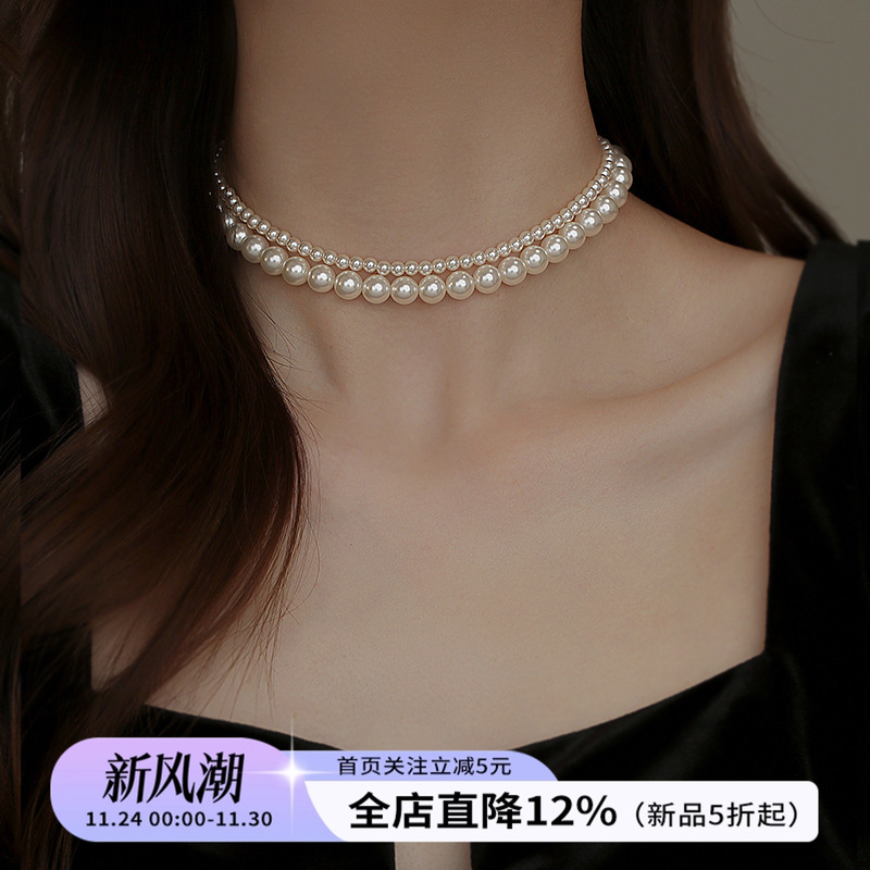 饰悟双层珍珠项链叠戴颈链女