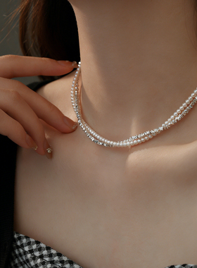 双层碎银子珍珠项链2026新款小米珠叠戴锁骨颈链珍珠项链轻奢小众