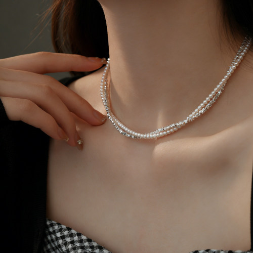 双层碎银子珍珠项链2026新款小米珠叠戴锁骨颈链珍珠项链轻奢小众