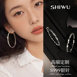 碎银子耳环圈圈纯银耳饰2026新款高级感大耳环素圈方圆脸耳环夏