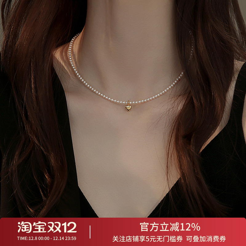 饰悟银饰爱心珍珠项链小米珠颈链