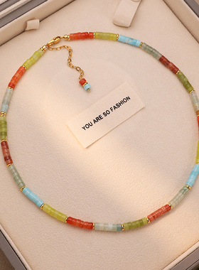 饰悟彩色天然石串珠小众设计颈链