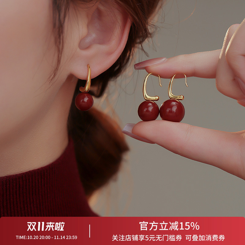 饰悟银饰红色红豆女秋冬耳环