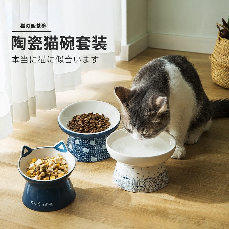 猫碗陶瓷护脊大口径猫食盆斜口高脚保护颈椎宠物狗用品大全日系 宠物/宠物食品及用品 猫狗碗/慢食碗 原图主图