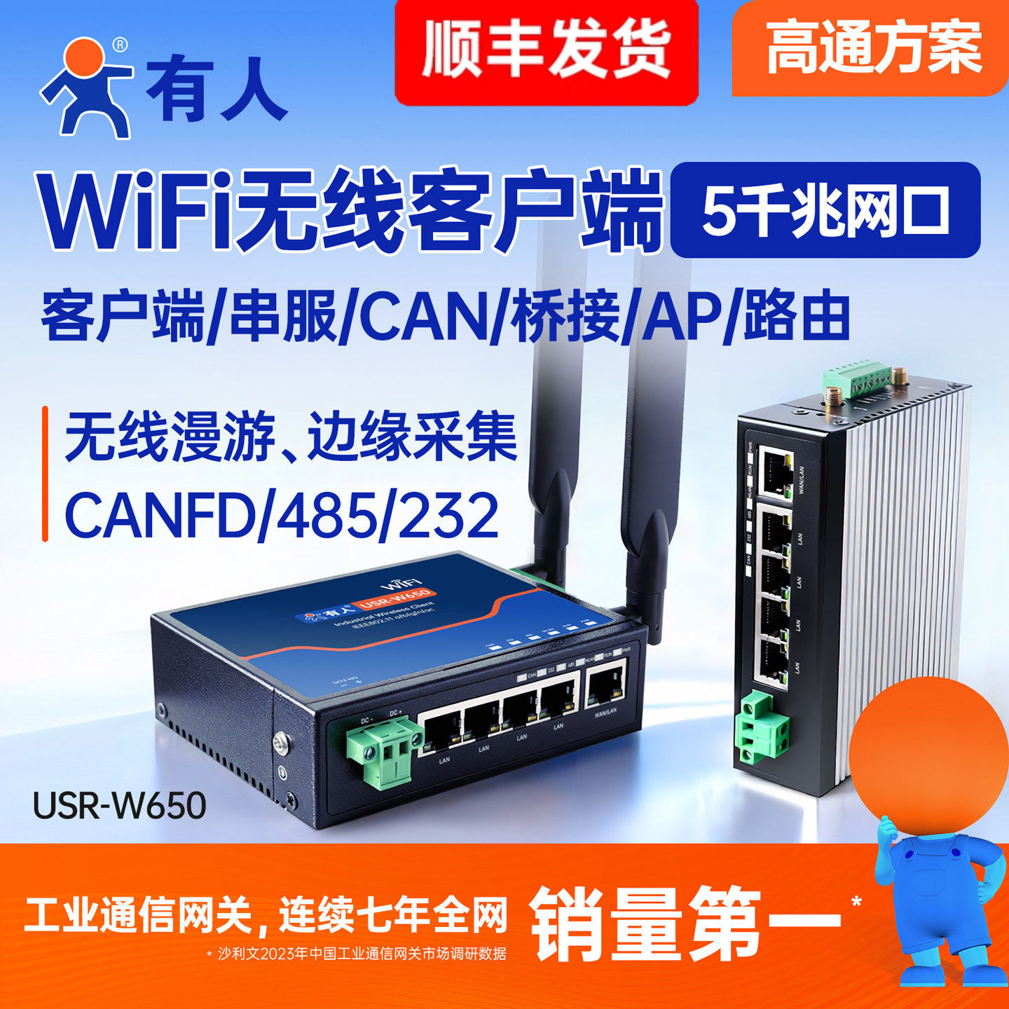 有人工业WiFi无线客户端千兆5网口无线AP/WIFI5双频中继桥接漫游路由器无线交换机网桥串口服务器W650