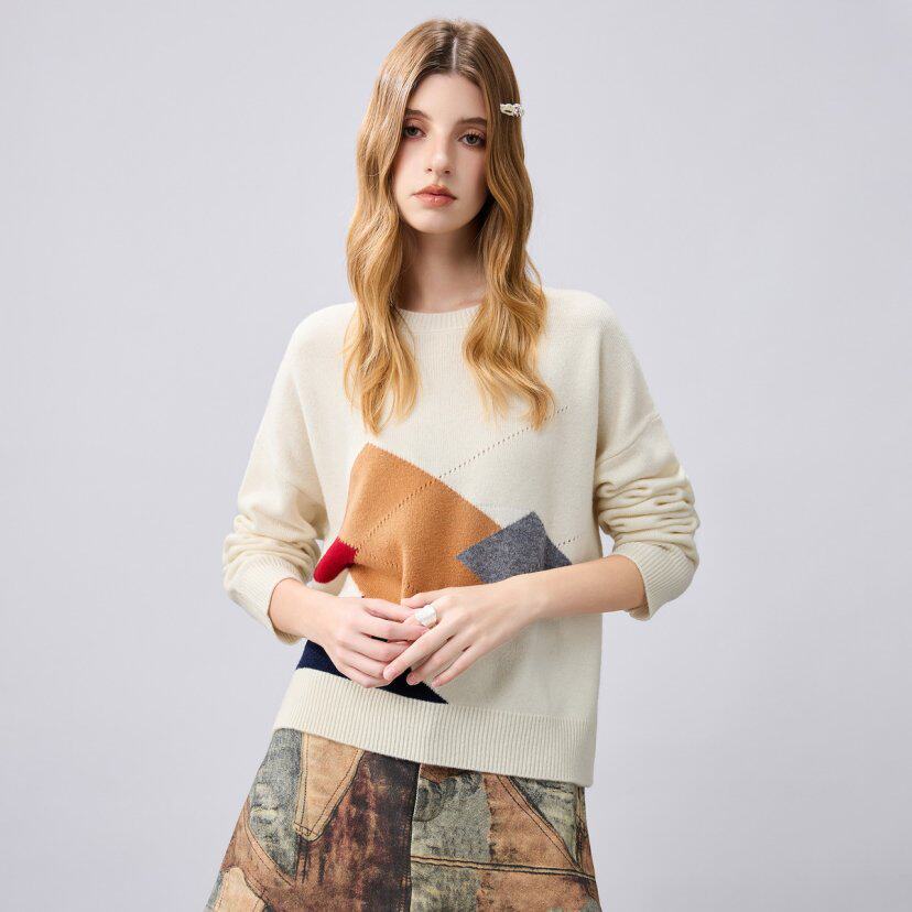 【100%绵羊毛】设计感撞色拼接圆领针织衫女秋冬宽松毛衣打底衫