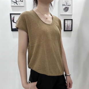 【亚麻】休闲风卷边圆领短袖T恤女薄款打底衫基础款慵懒感上衣