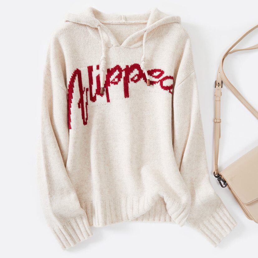 【100%绵羊毛】慵懒风字母印花连帽毛衣女套头软糯风针织衫米白色