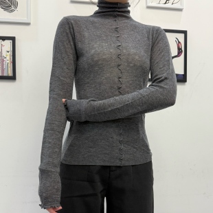 显瘦百搭打底衫 木耳边高领套头桑蚕丝羊毛精纺针织衫 女白色修身