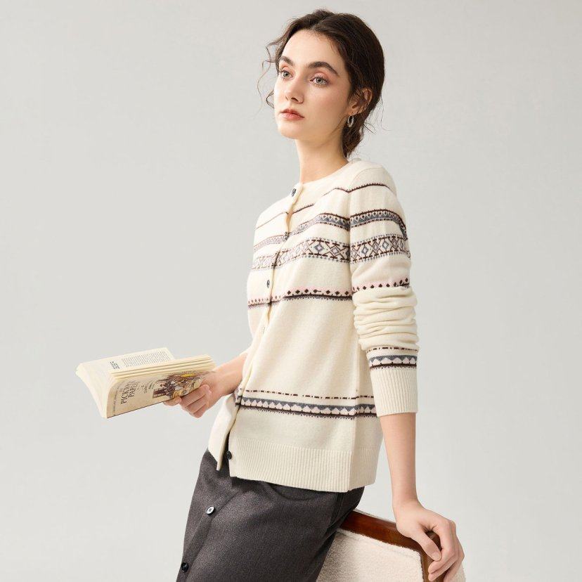 【100%绵羊毛】费尔岛风开衫女圆领提花针织毛衣宽松显瘦百搭