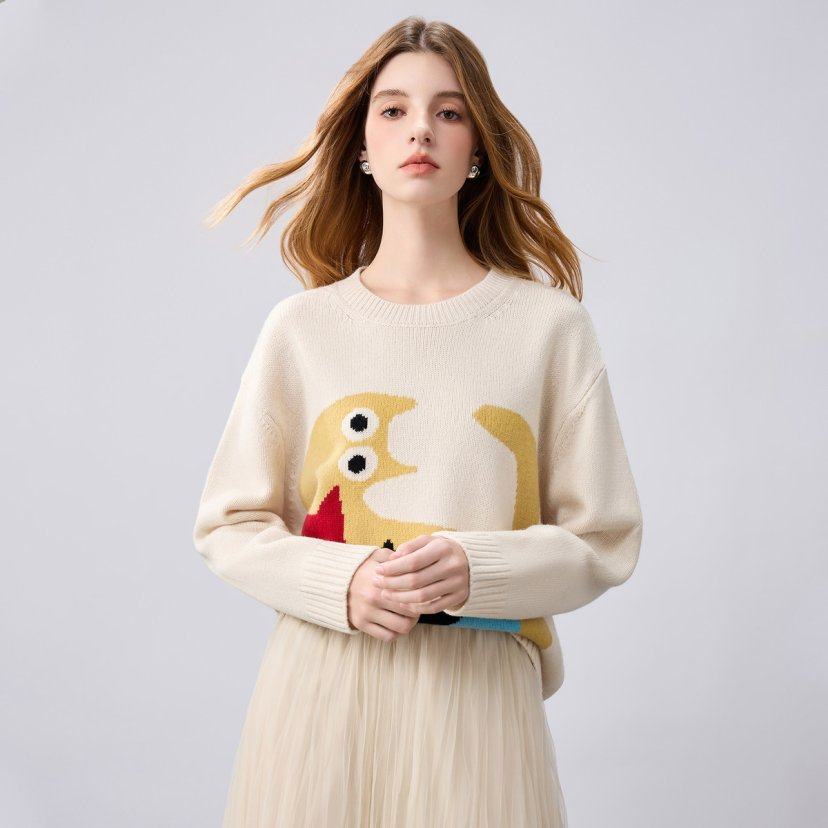 【100%绵羊毛】卡通图案圆领羊毛衫女宽松长袖针织衫米白色毛衣