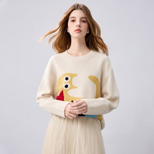 100%纯羊毛卡通圆领女针织衫