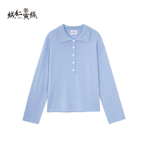 丝羊绒蓝色翻领长袖针织衫女
