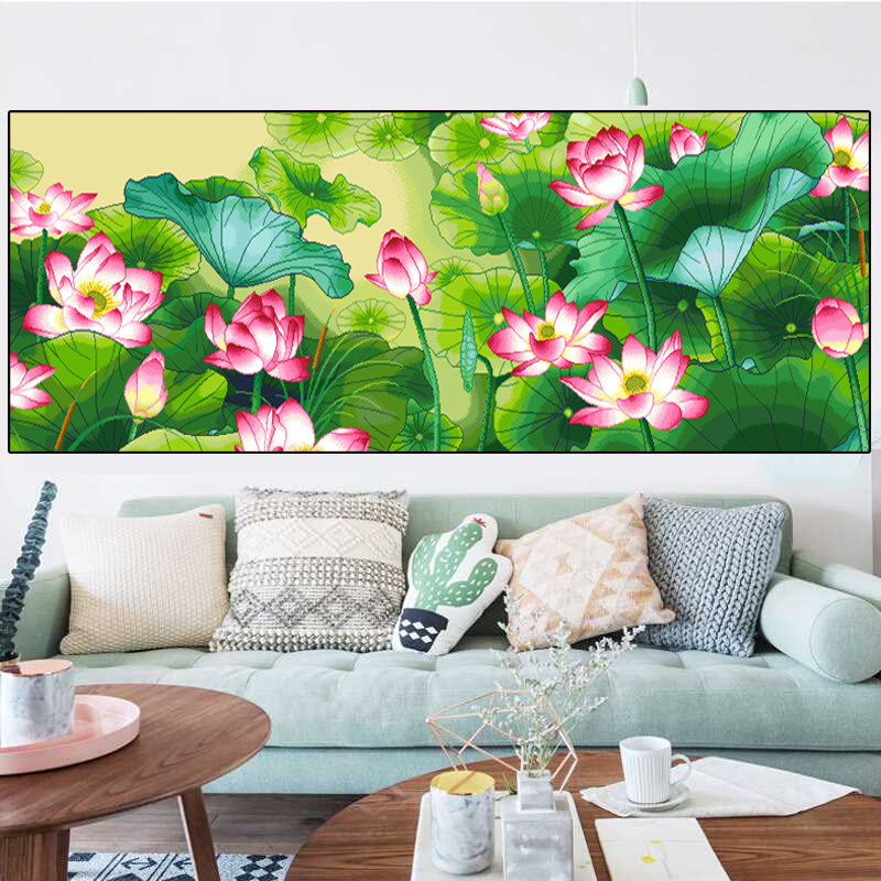 【加厚绣布】客厅画花卉图红荷映日出水芙蓉十字绣46色满绣无勾边