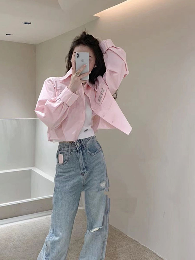 2025年新款独特别致绝美上衣粉色短款衬衫外套女春秋款设计感小众