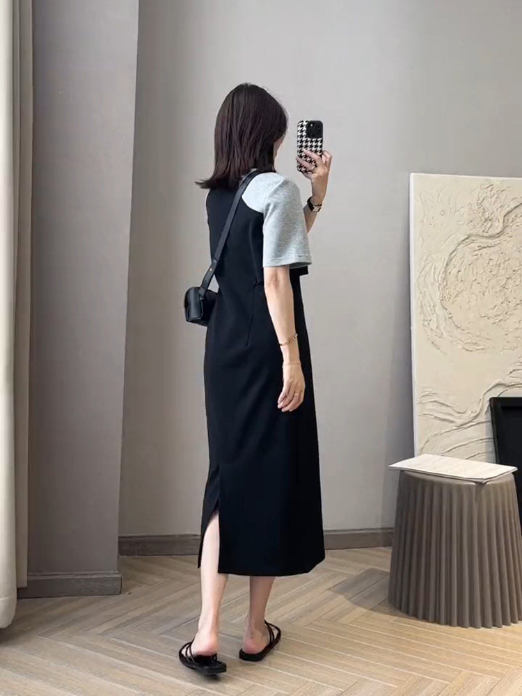 2025新款简单大方得体的气场强大女装拼接撞色假两件连衣裙子夏季