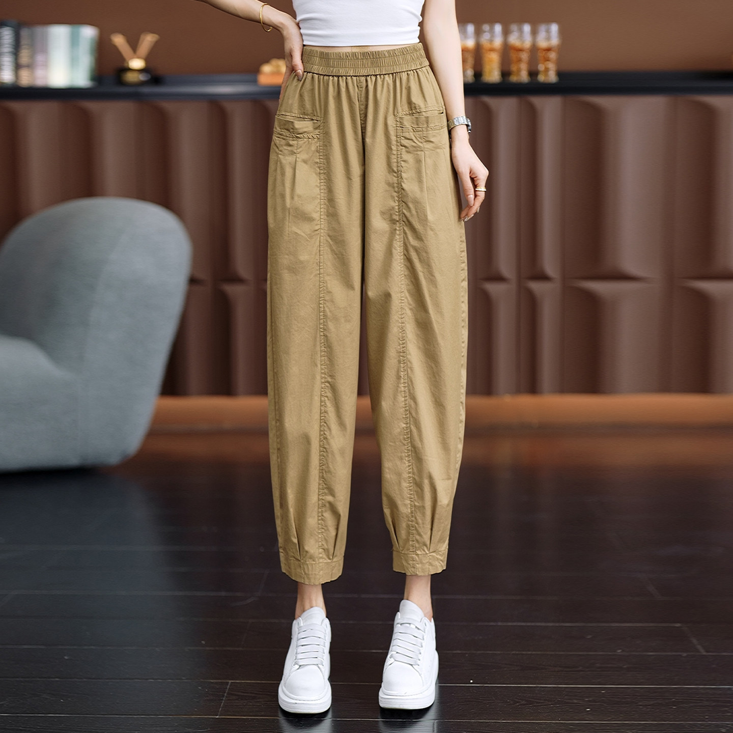 夏季冰丝高腰显瘦束脚灯笼裤女