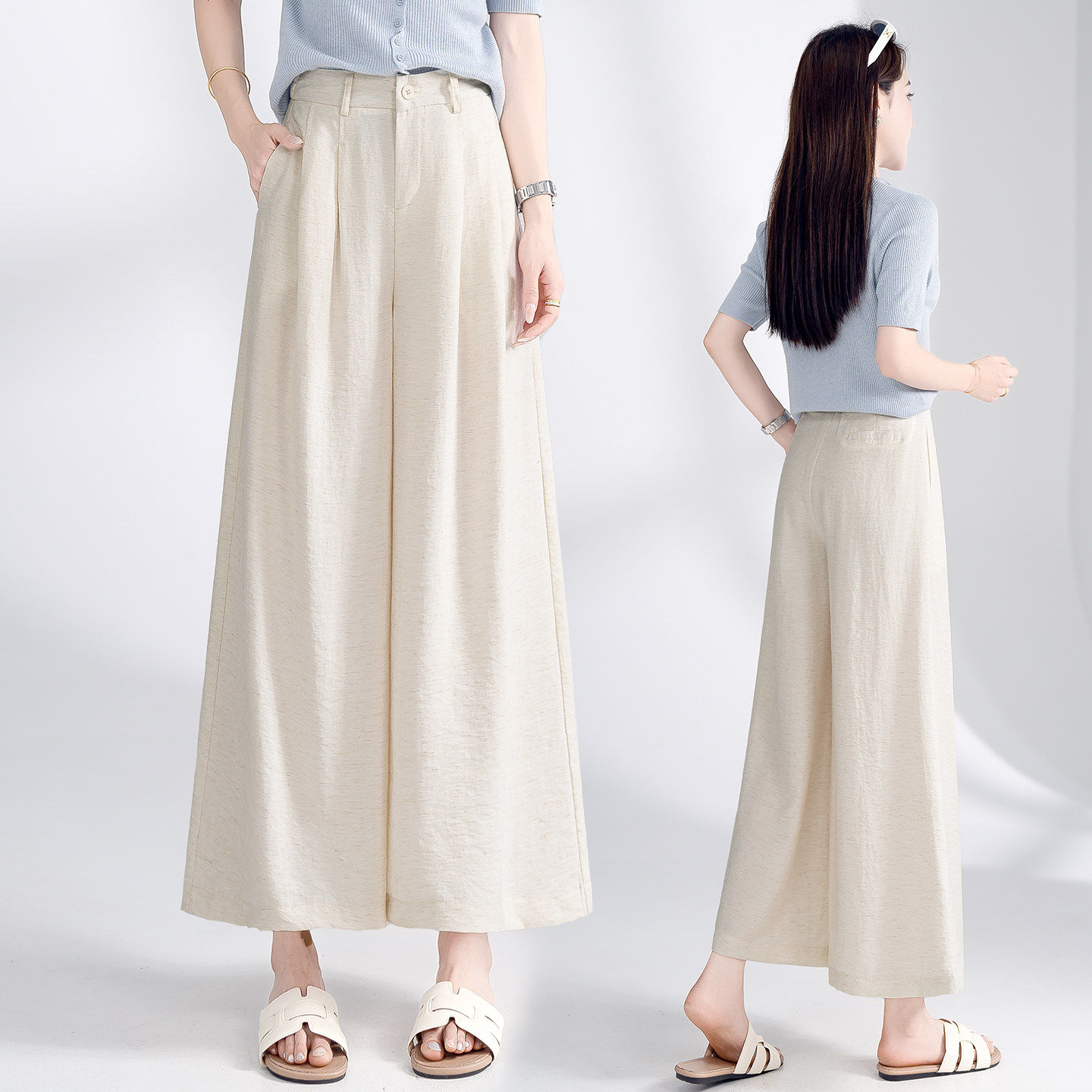 日系亚麻高腰阔腿裙裤女显瘦