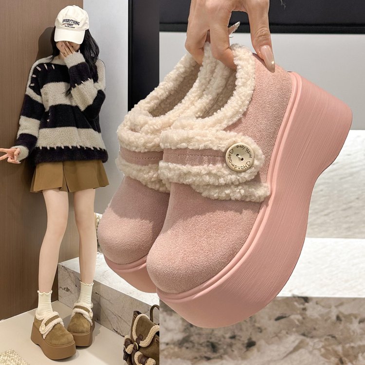 冬季新款厚底增高显瘦一脚蹬圆头棉鞋女时尚毛毛边乐福鞋懒人鞋女