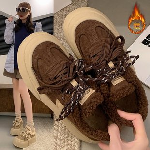 运动鞋 2024冬季 女平底舒适保暖学生板鞋 加绒系带厚底休闲鞋 女 新款