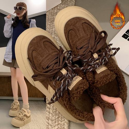 2024冬季新款加绒系带厚底休闲鞋女平底舒适保暖学生板鞋运动鞋女