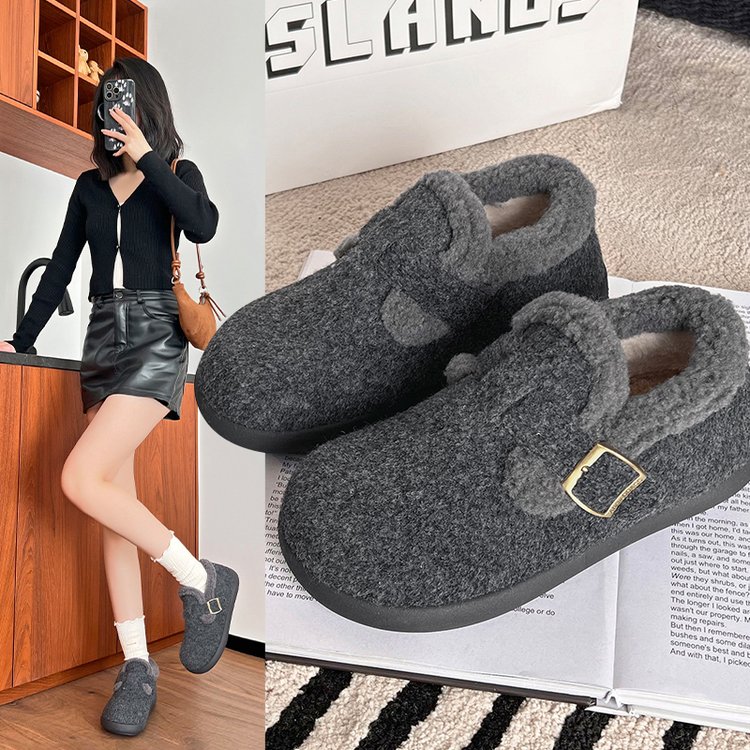 冬季加厚加绒北方棉鞋女厚底懒人勃肯鞋毛毛保暖灰色小土豆单鞋