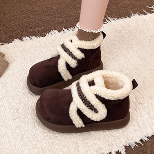 新款加绒保暖时装靴女鞋圆头厚底平底毛毛边棉鞋女土豆棉鞋女