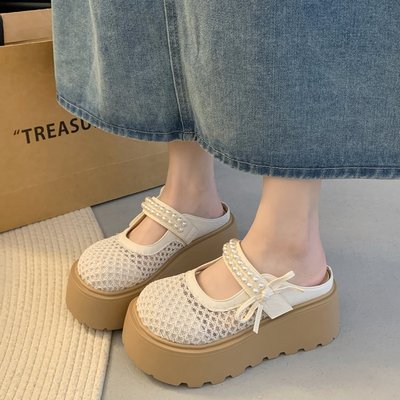 2025夏季新款凉拖鞋女厚底网红款蝴蝶结松糕底女鞋珍珠装饰