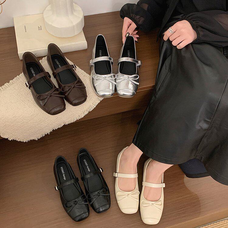 春季新款浅口方头单鞋女低跟平底单鞋一字扣带百搭皮鞋女学生皮鞋