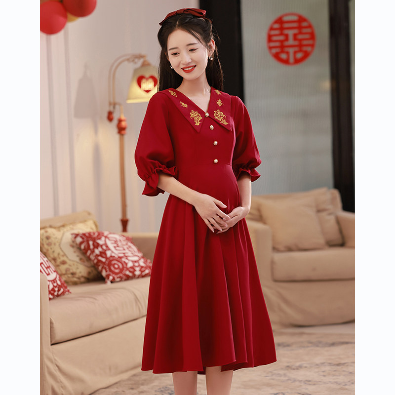 速发孕妇敬酒服新娘4肚子202遮红款酒新色大码订婚回门礼服连衣裙