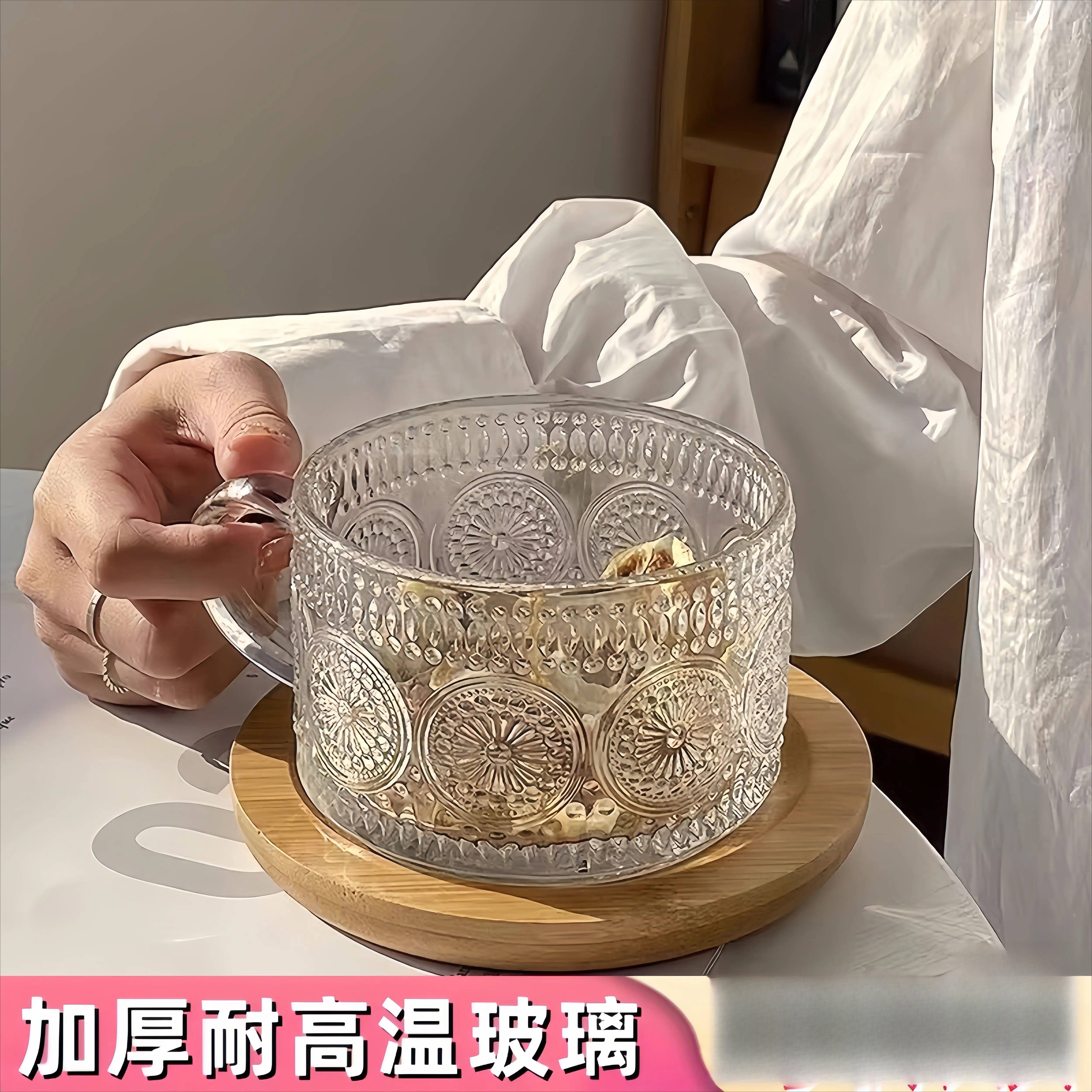 进口微波炉专用早餐杯冲泡藕粉杯子勺子燕麦片耐高温带把手玻璃碗图片