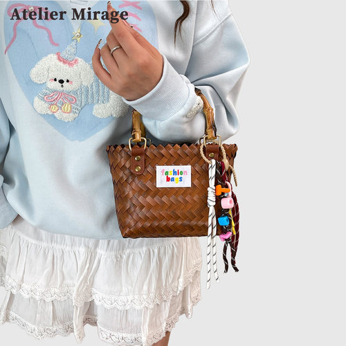 新款编织菜篮包竹节手柄度假手提