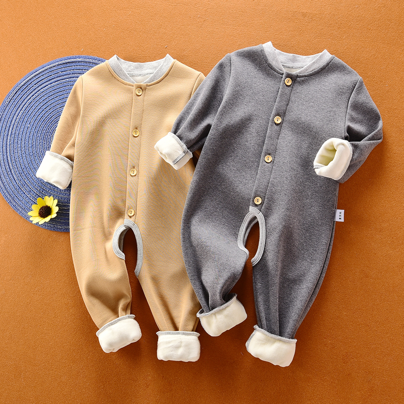 宝宝加绒连体衣加厚冬1-3岁2儿童条纹保暖家居服婴儿开裆爬服睡衣