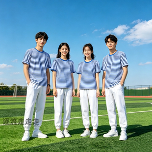 中小学生爱国主题演出服套装复古海魂衫短袖白长裤两件套活动班服
