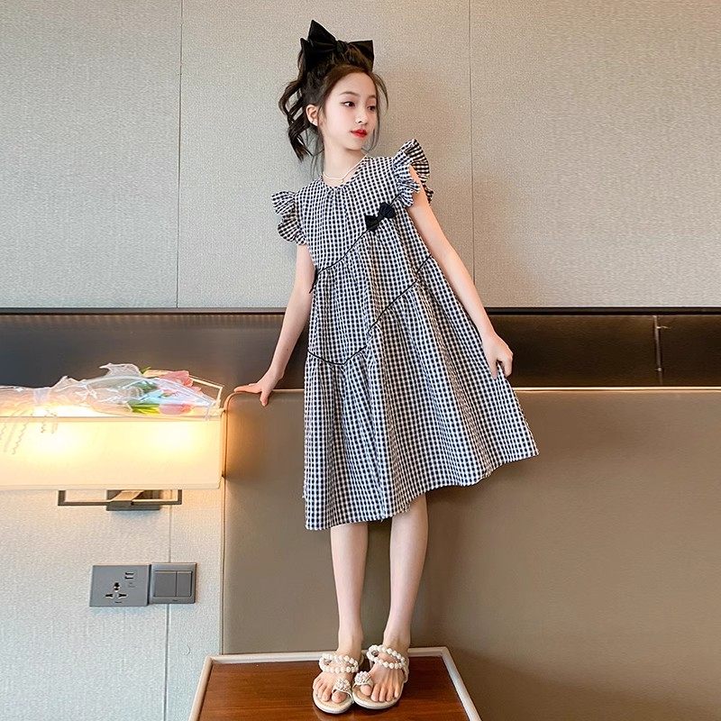 国潮女童装格子裙夏季飞袖连衣裙